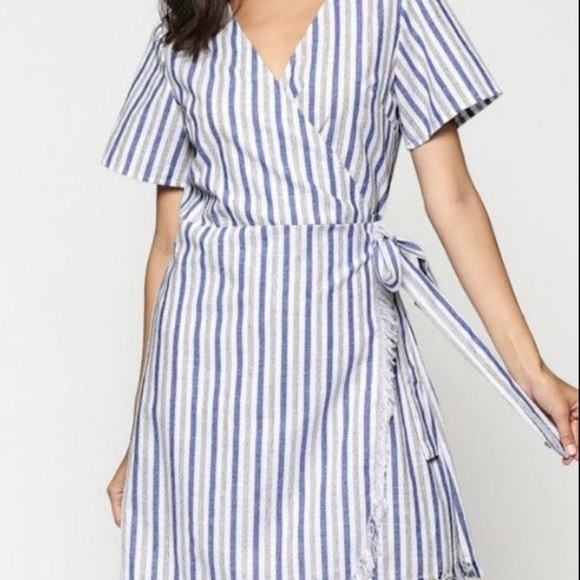 Striped Blue and White Wrap Dress - Picture 1 of 2